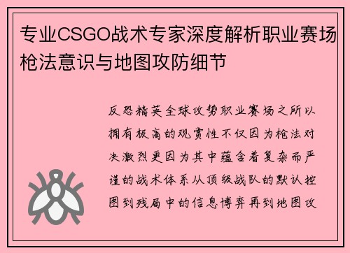 专业CSGO战术专家深度解析职业赛场枪法意识与地图攻防细节 专业CSGO战术专家深度解析职业赛场枪法意识与地图攻防细节